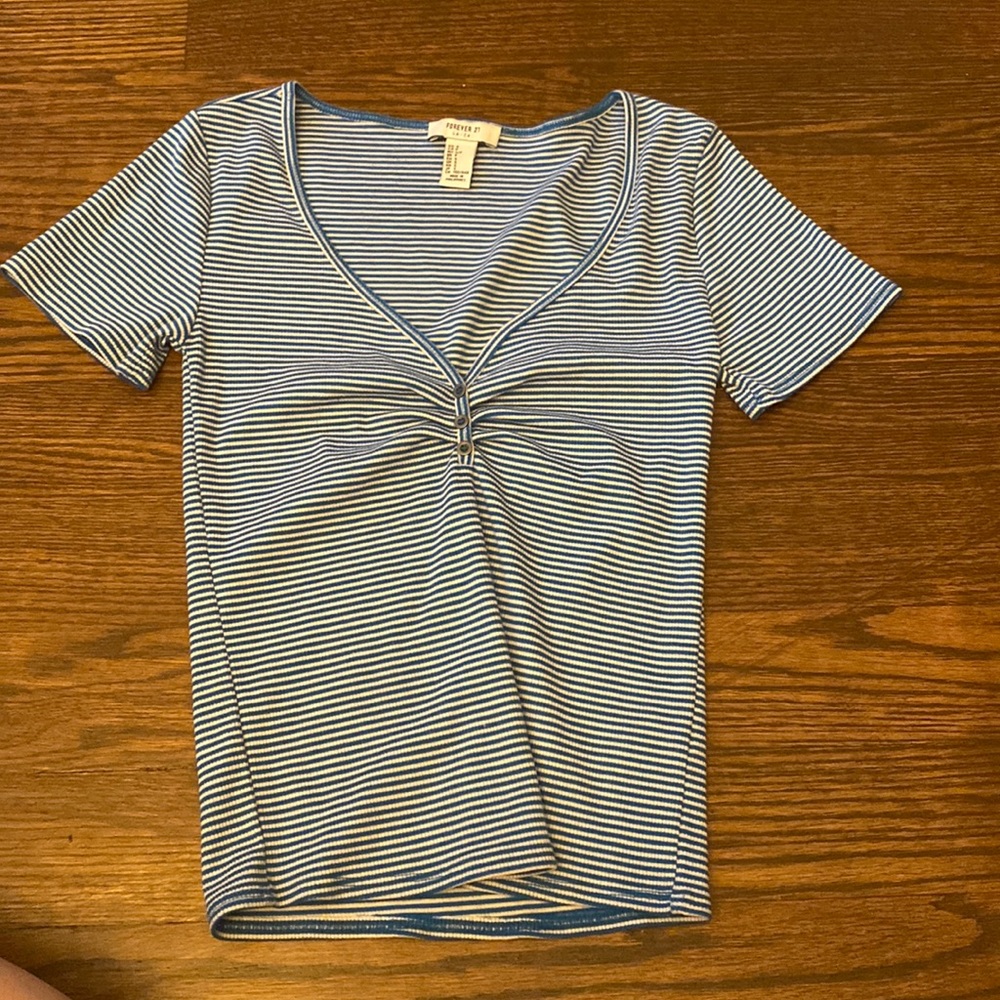 blue and white striped crop top